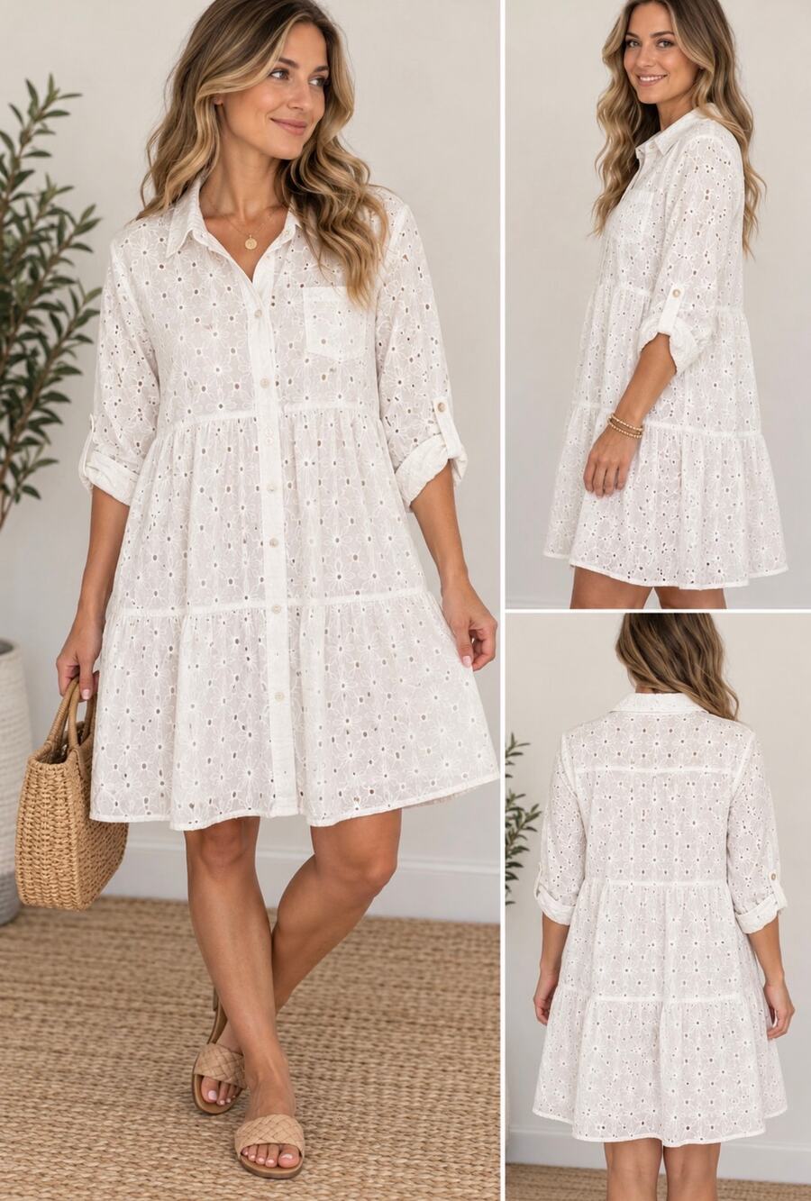 Da-Sh Studio White Eyelet Tiered Shirt Dress Size L Cotton Boho NWT